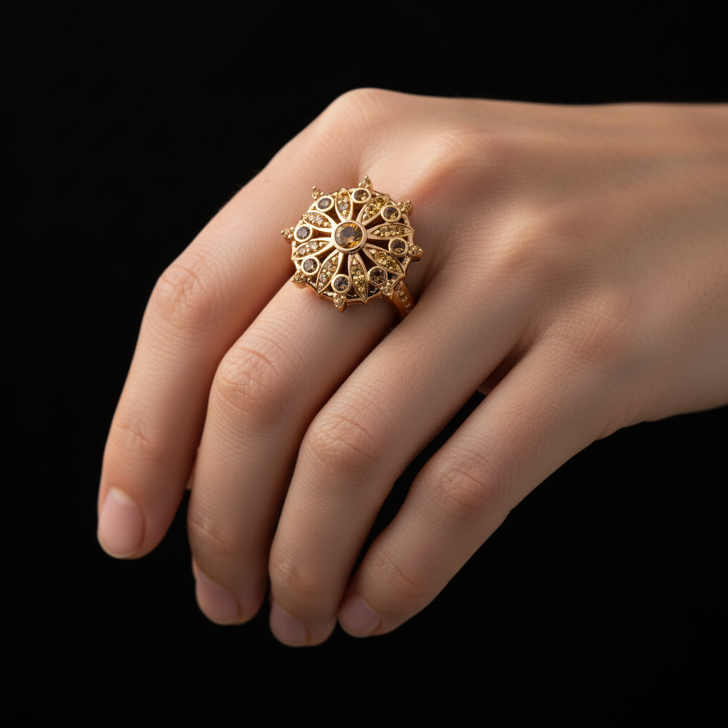 Yellow Gold Cocktail Ring with Round Cut Citrine Gemstone