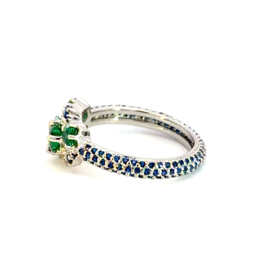 White Gold Plated Silver Multistone Ring with Star Emerald