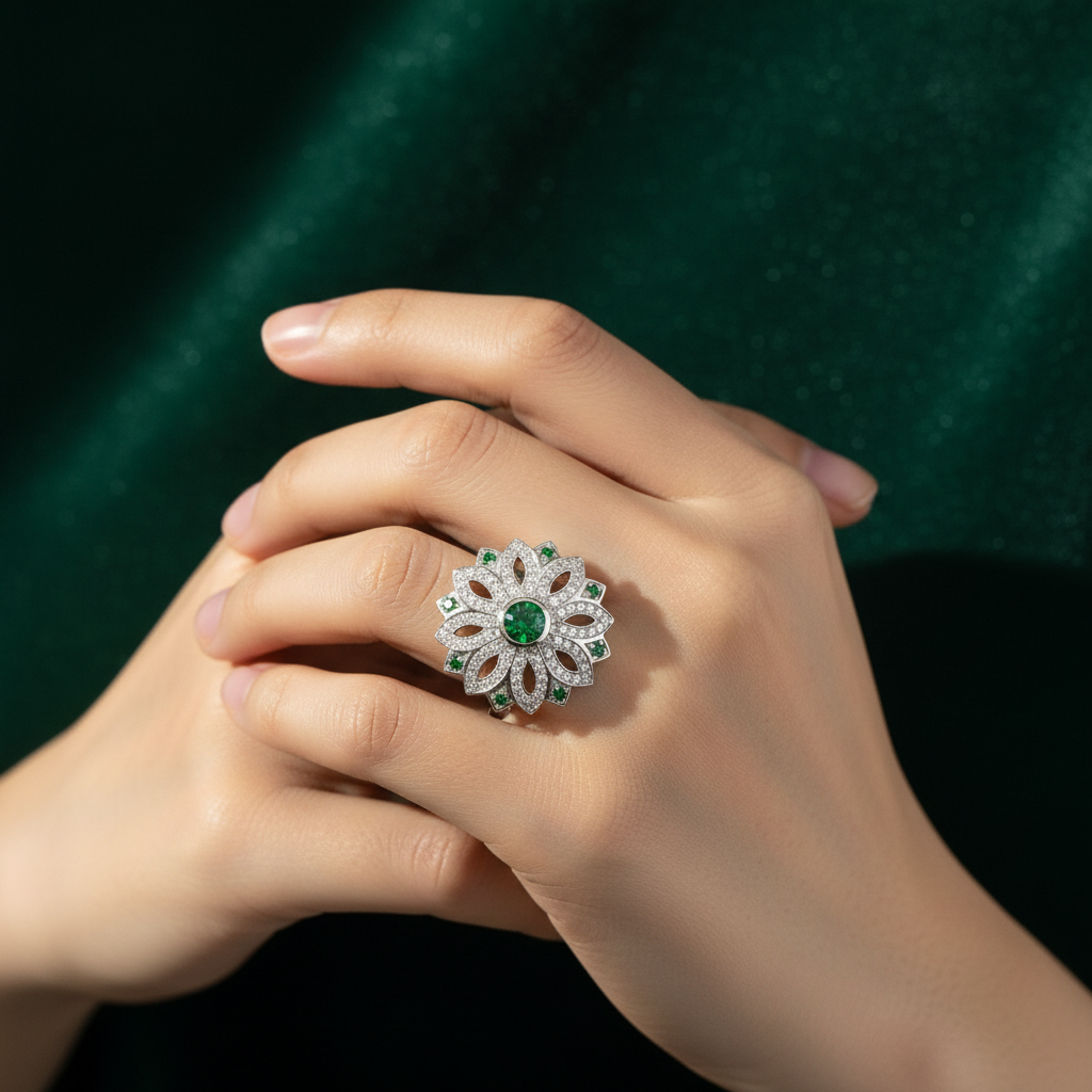 White Gold Plating over Emerald and Diamond Cocktail Ring