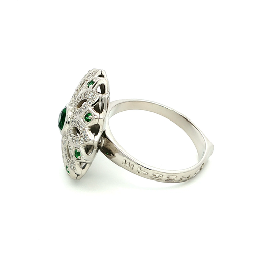 White Gold Plating over Emerald and Diamond Cocktail Ring