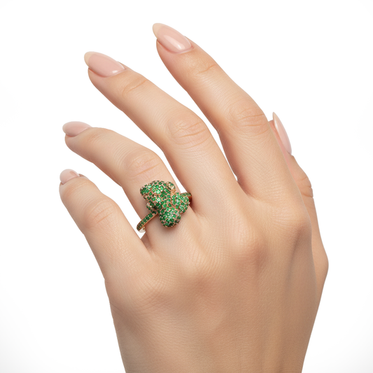 Emerald Cocktail Ring in Yellow Gold with Round Cut Emeralds