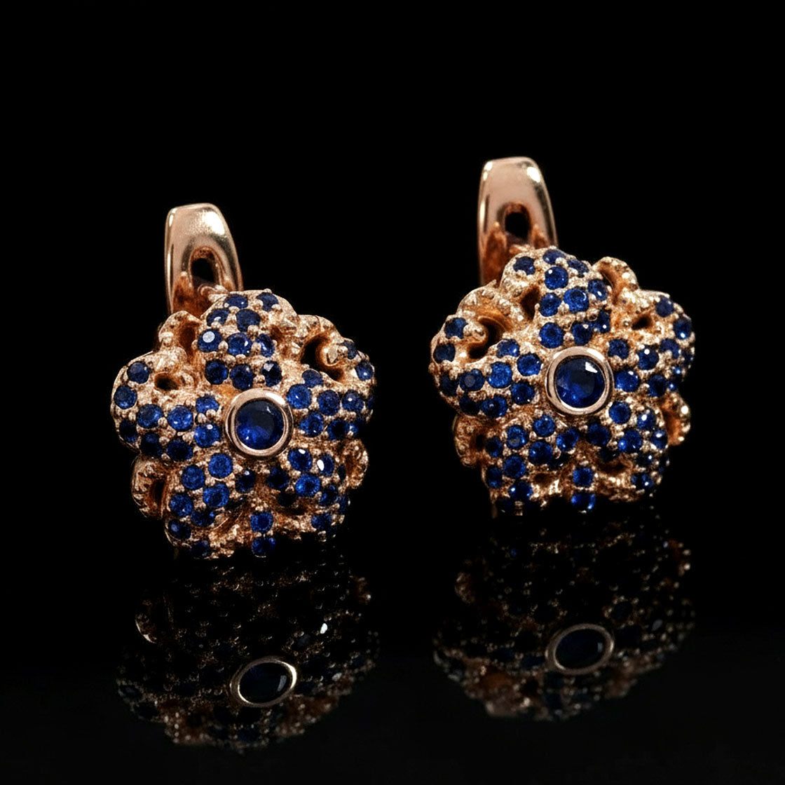 Flower Shaped Rose Gold Earring with Sparkling Blue Stones | Exclusive Design by Andrei | Fashion Jewelry