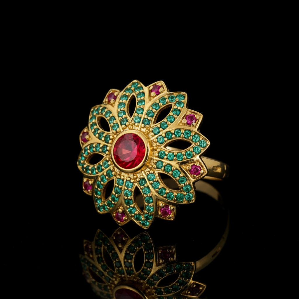 Flower Design with Red and Green Stones on Gold-plated Ring