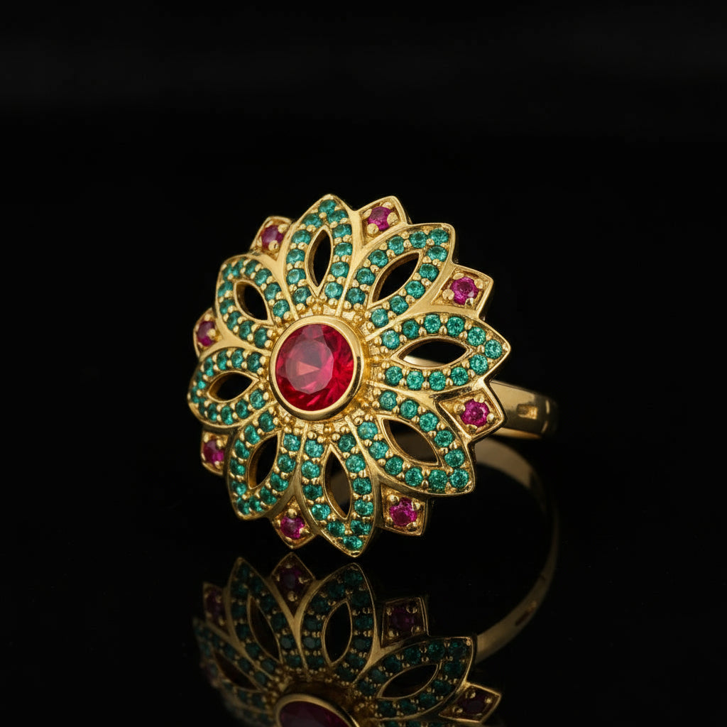 Flower Design with Red and Green Stones on Gold-plated Ring