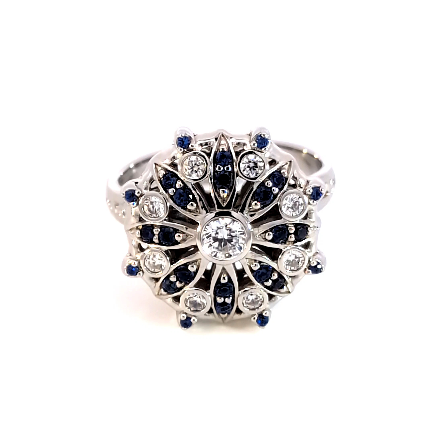 Diamond and Royal Blue Sapphire Halo Ring in Sterling Silver