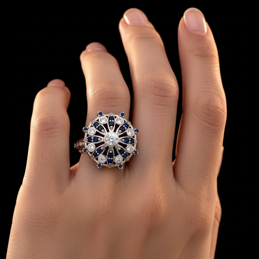 Diamond and Royal Blue Sapphire Halo Ring in Sterling Silver