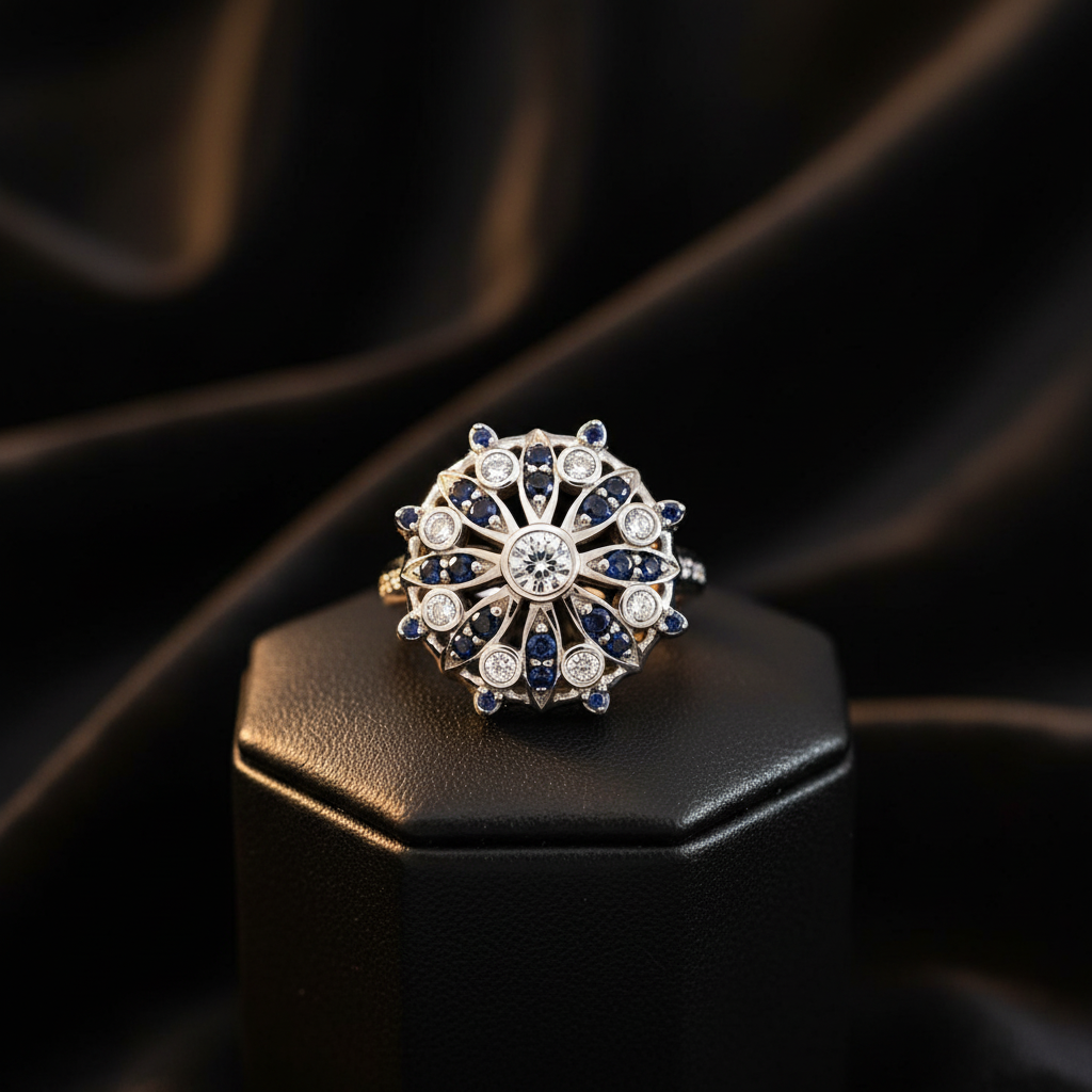 Diamond and Royal Blue Sapphire Halo Ring in Sterling Silver