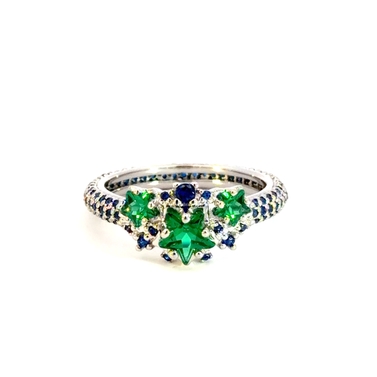 White Gold Plated Silver Multistone Ring with Star Emerald