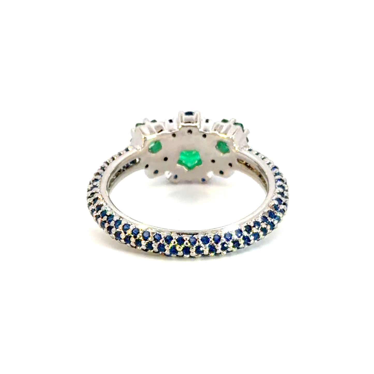 White Gold Plated Silver Multistone Ring with Star Emerald