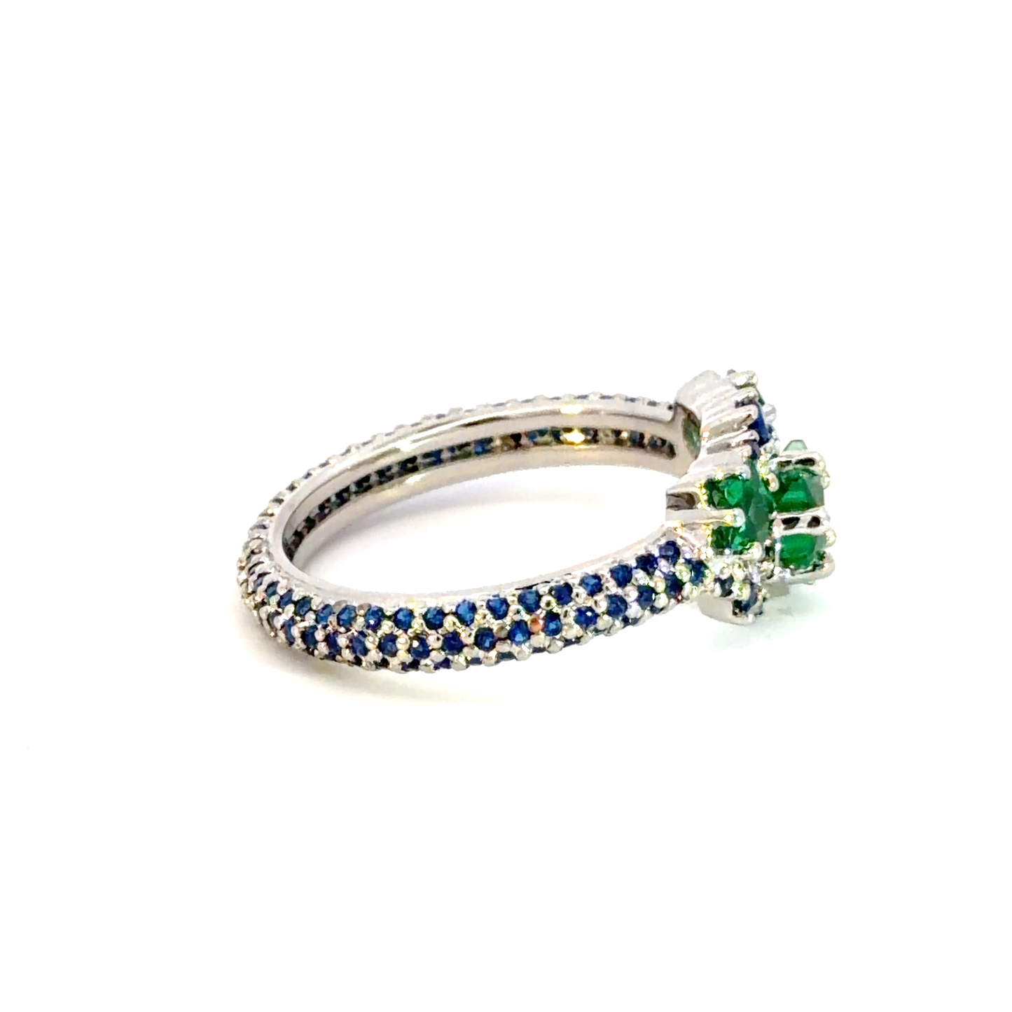 White Gold Plated Silver Multistone Ring with Star Emerald