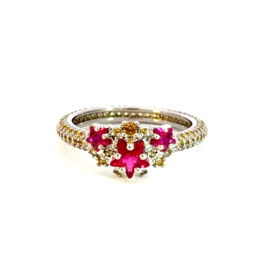White Gold Multistone Ring with Heart-Shaped Ruby Centerpiece