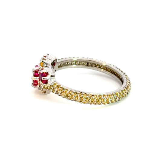 White Gold Multistone Ring with Heart-Shaped Ruby Centerpiece
