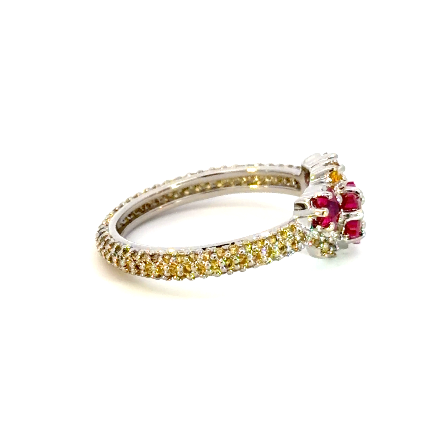 White Gold Multistone Ring with Heart-Shaped Ruby Centerpiece