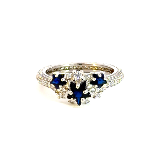 Sterling Silver Ring with Deep Blue Star Sapphire Cabochons