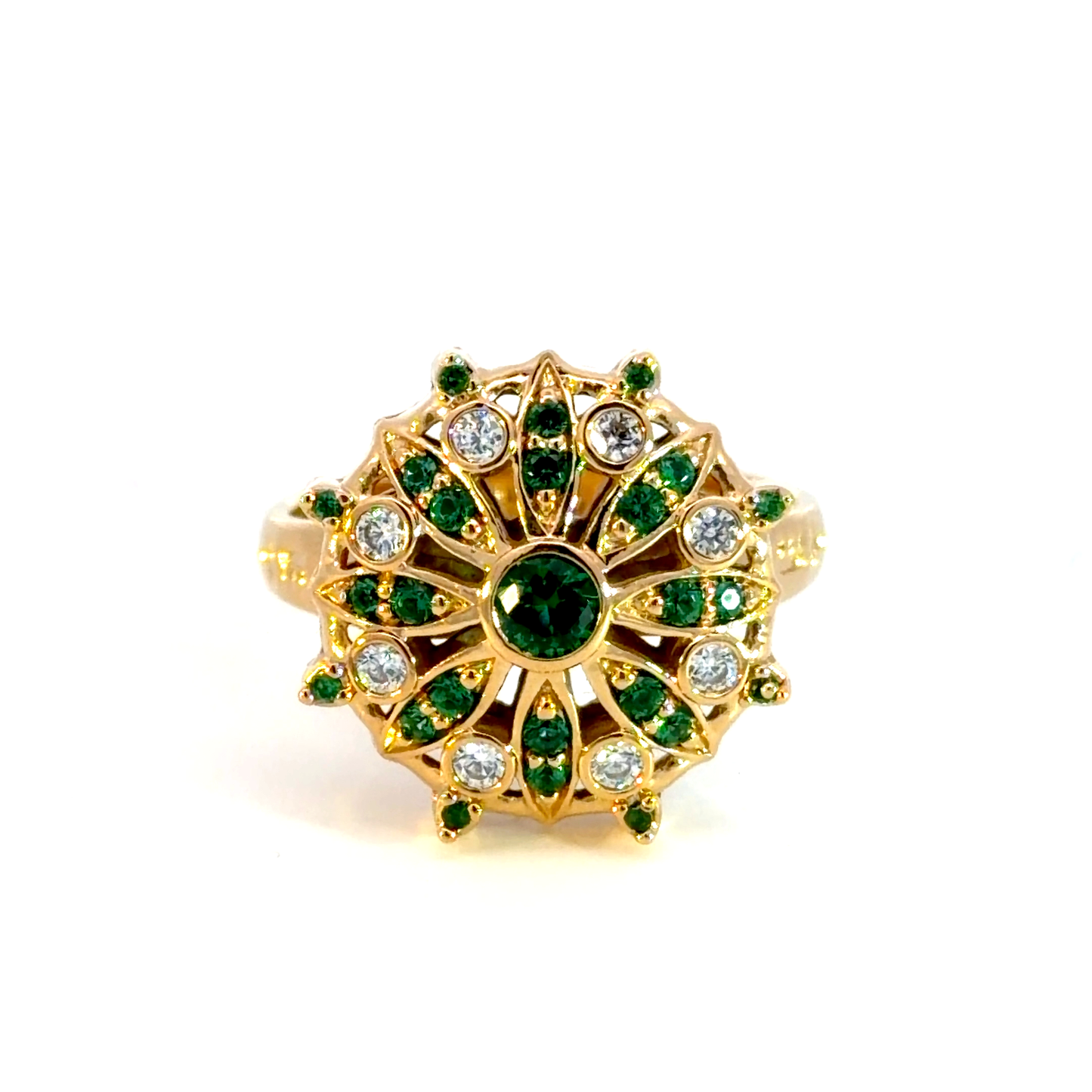 Yellow Gold Cocktail Ring with Round Emerald Center Stone