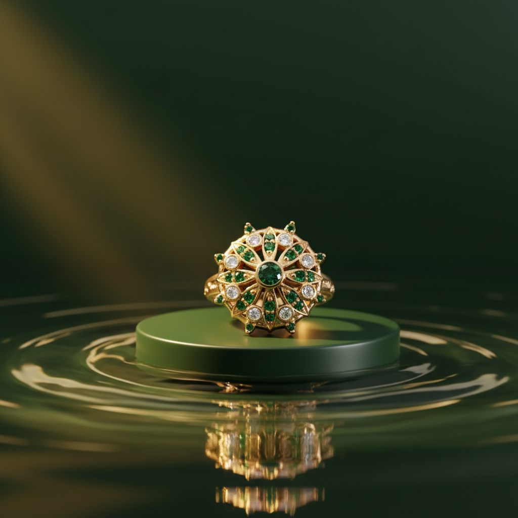 Yellow Gold Cocktail Ring with Round Emerald Center Stone
