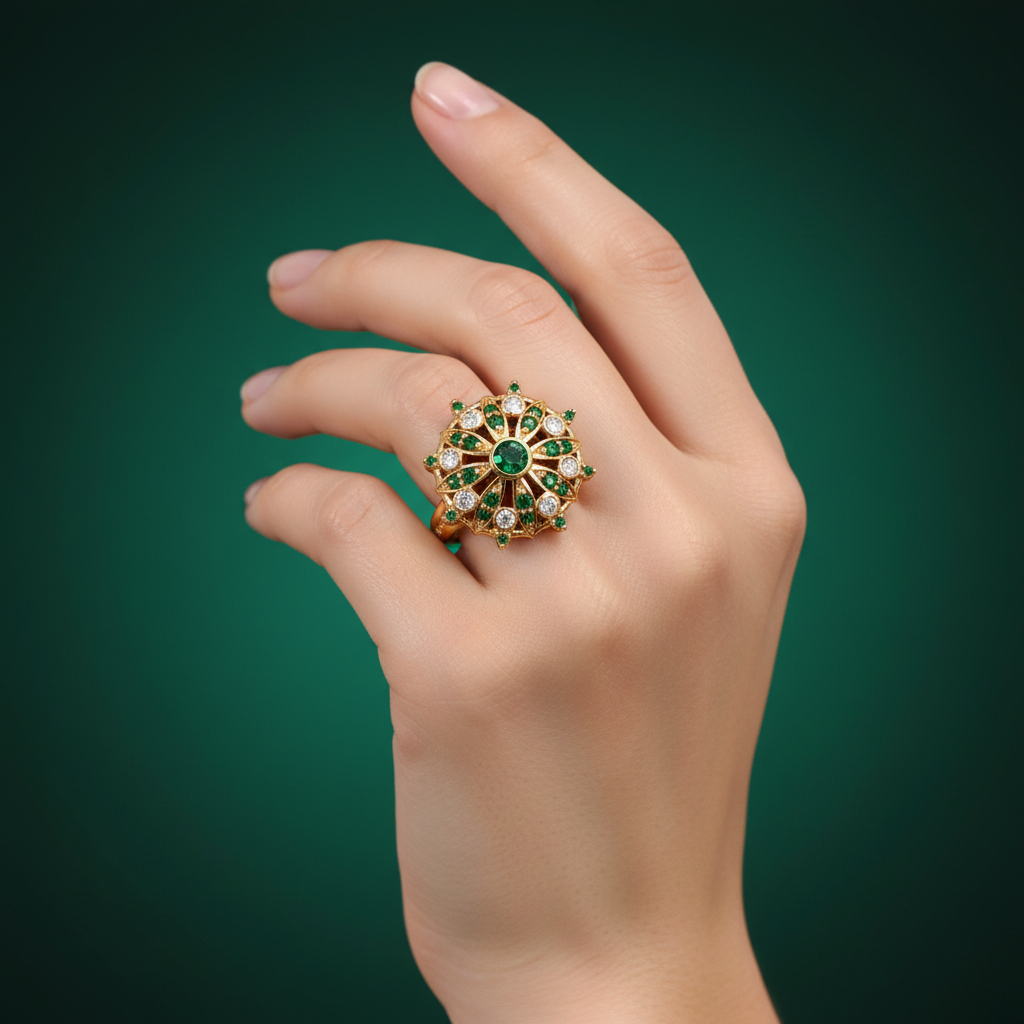 Yellow Gold Cocktail Ring with Round Emerald Center Stone
