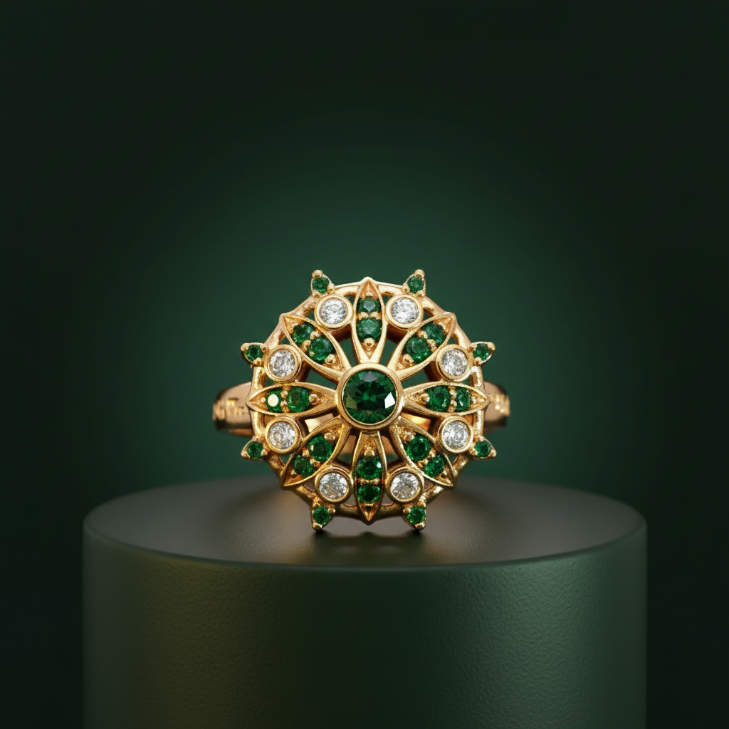 Yellow Gold Cocktail Ring with Round Emerald Center Stone