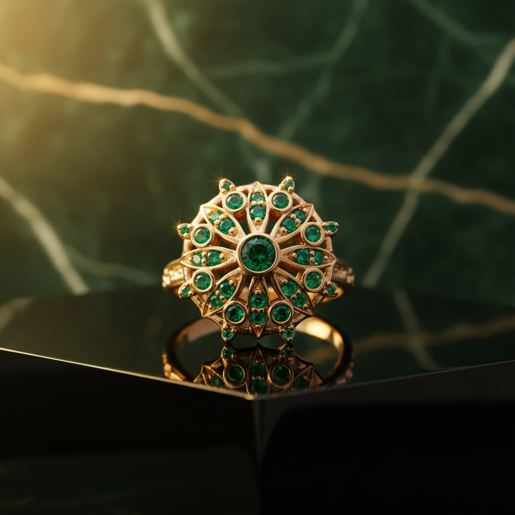 Yellow Gold Cocktail Ring with Round Brilliant Emeralds
