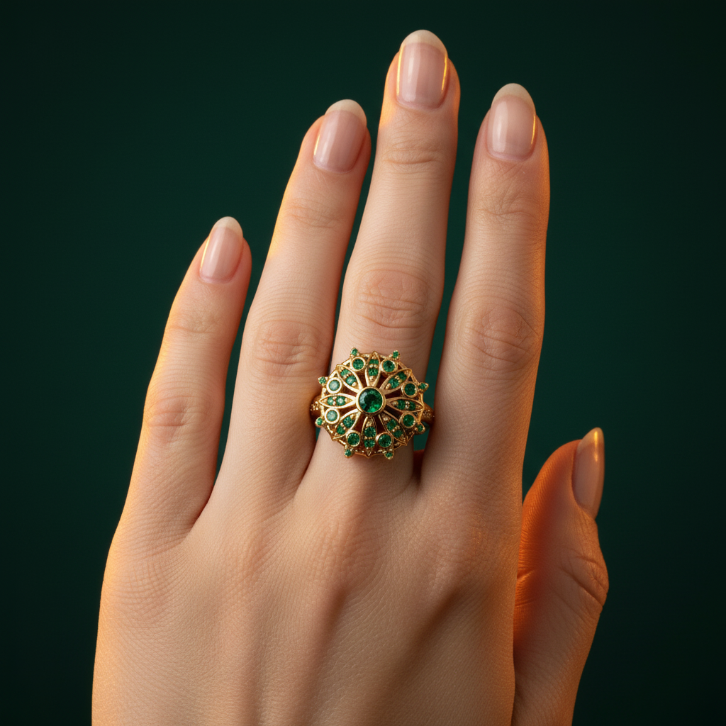 Yellow Gold Cocktail Ring with Round Brilliant Emeralds