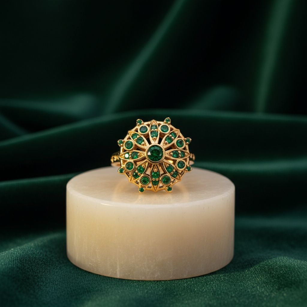 Yellow Gold Cocktail Ring with Round Brilliant Emeralds