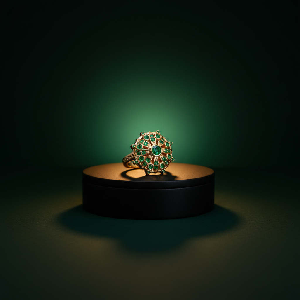 Yellow Gold Cocktail Ring with Round Brilliant Emeralds