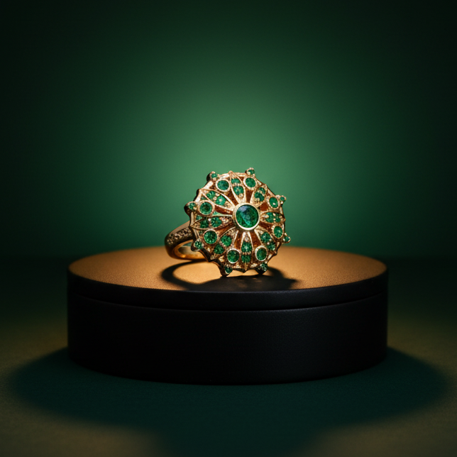 Yellow Gold Cocktail Ring with Round Brilliant Emeralds