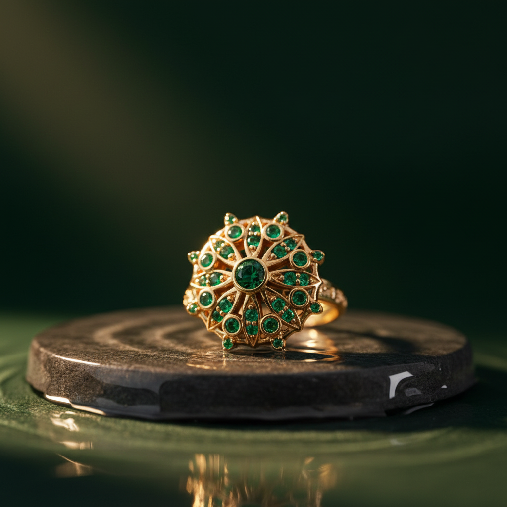 Yellow Gold Cocktail Ring with Round Brilliant Emeralds