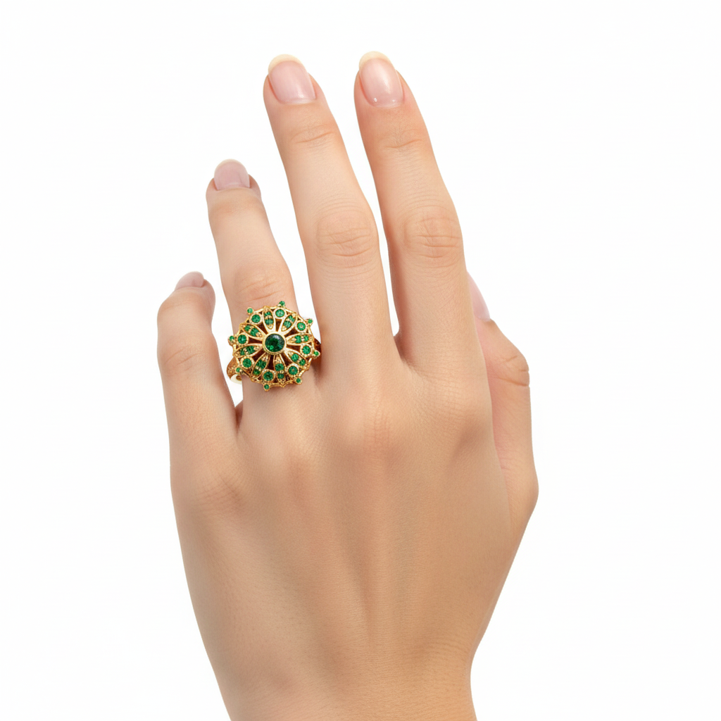 Yellow Gold Cocktail Ring with Round Brilliant Emeralds