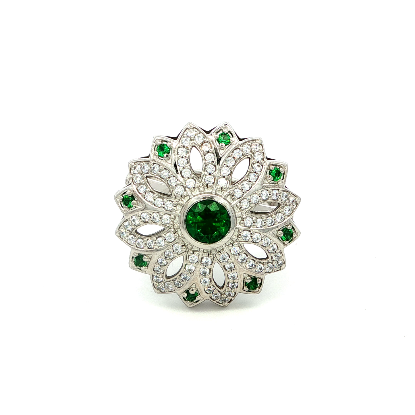 White Gold Plating over Emerald and Diamond Cocktail Ring