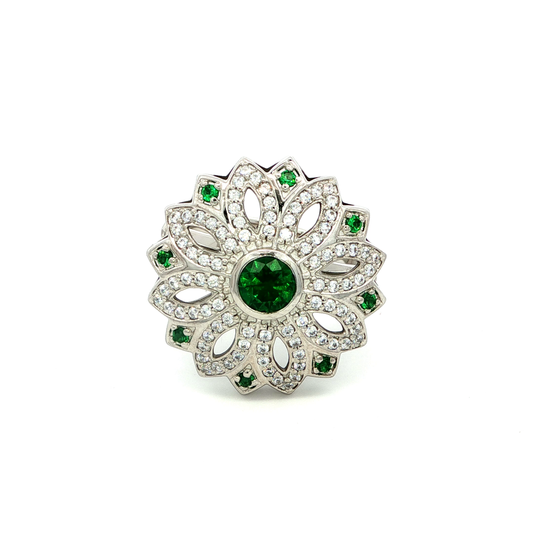 White Gold Plating over Emerald and Diamond Cocktail Ring