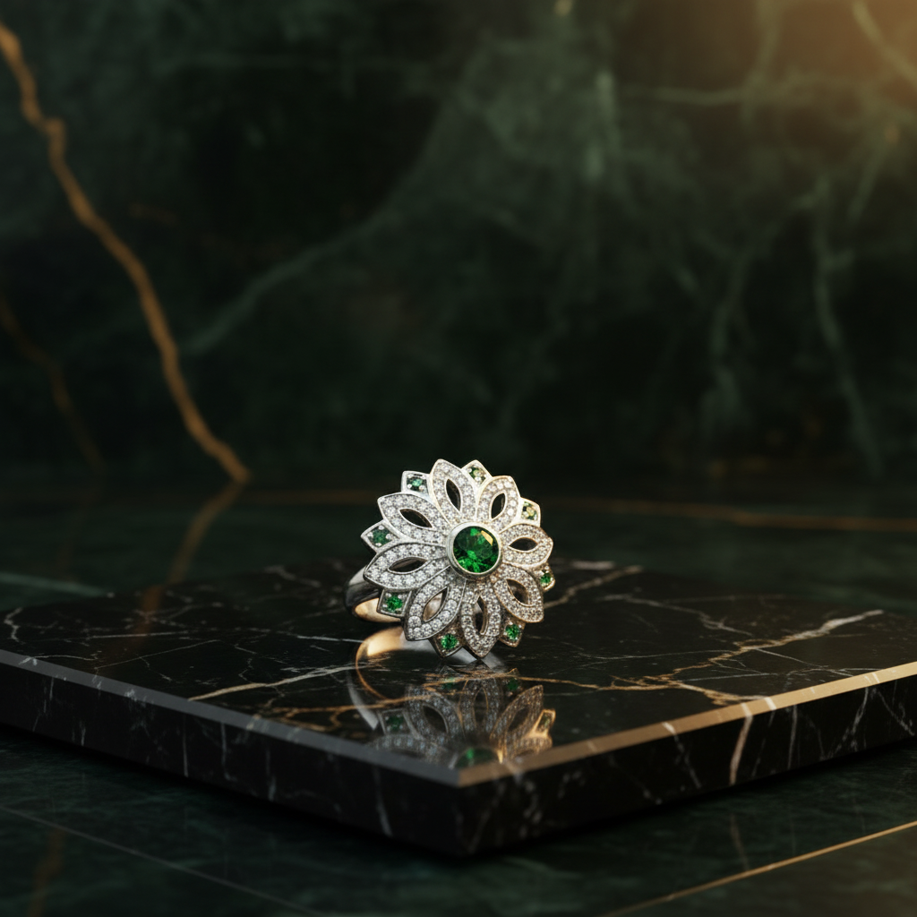 White Gold Plating over Emerald and Diamond Cocktail Ring