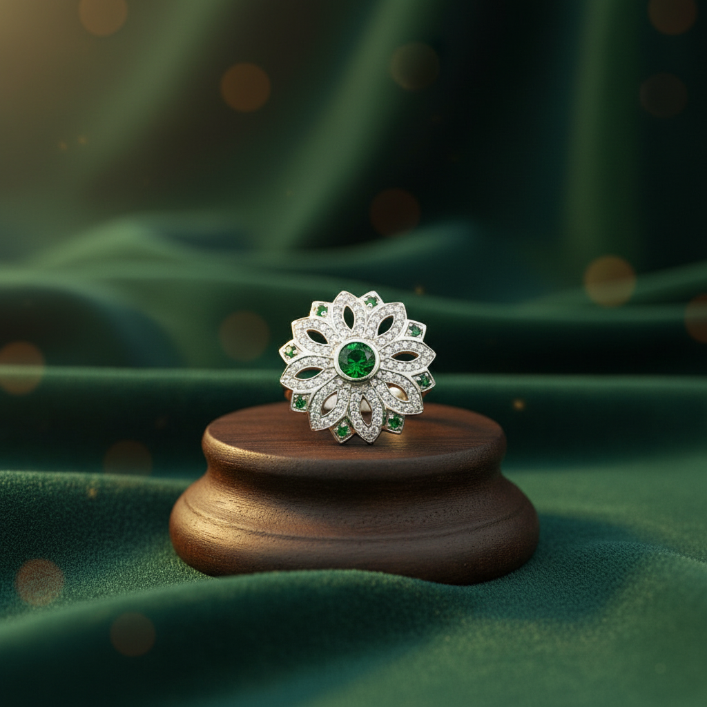 White Gold Plating over Emerald and Diamond Cocktail Ring
