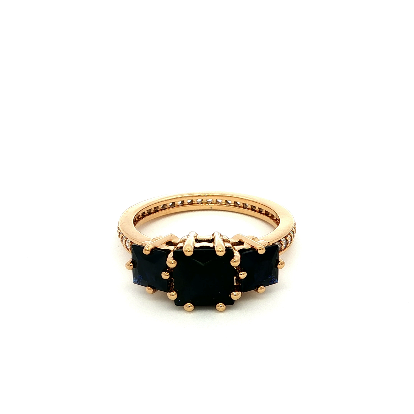 Rose Gold Three-Stone Ring with Dark Blue Square Sapphires