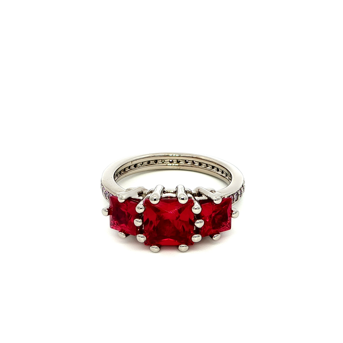 Pink Multistone Ring with Trio Square Cut Red Rubies