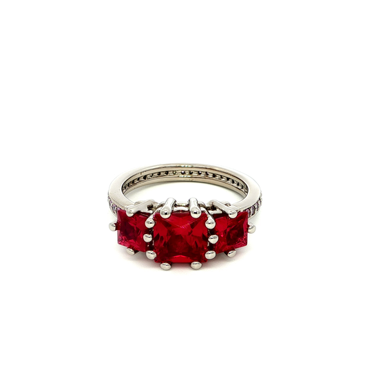 Pink Multistone Ring with Trio Square Cut Red Rubies