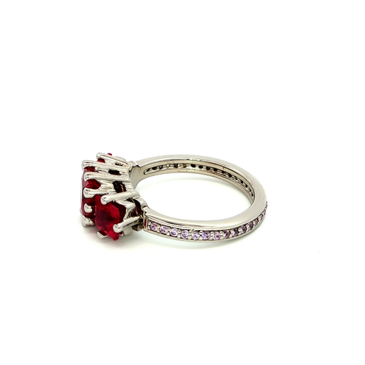 Pink Multistone Ring with Trio Square Cut Red Rubies