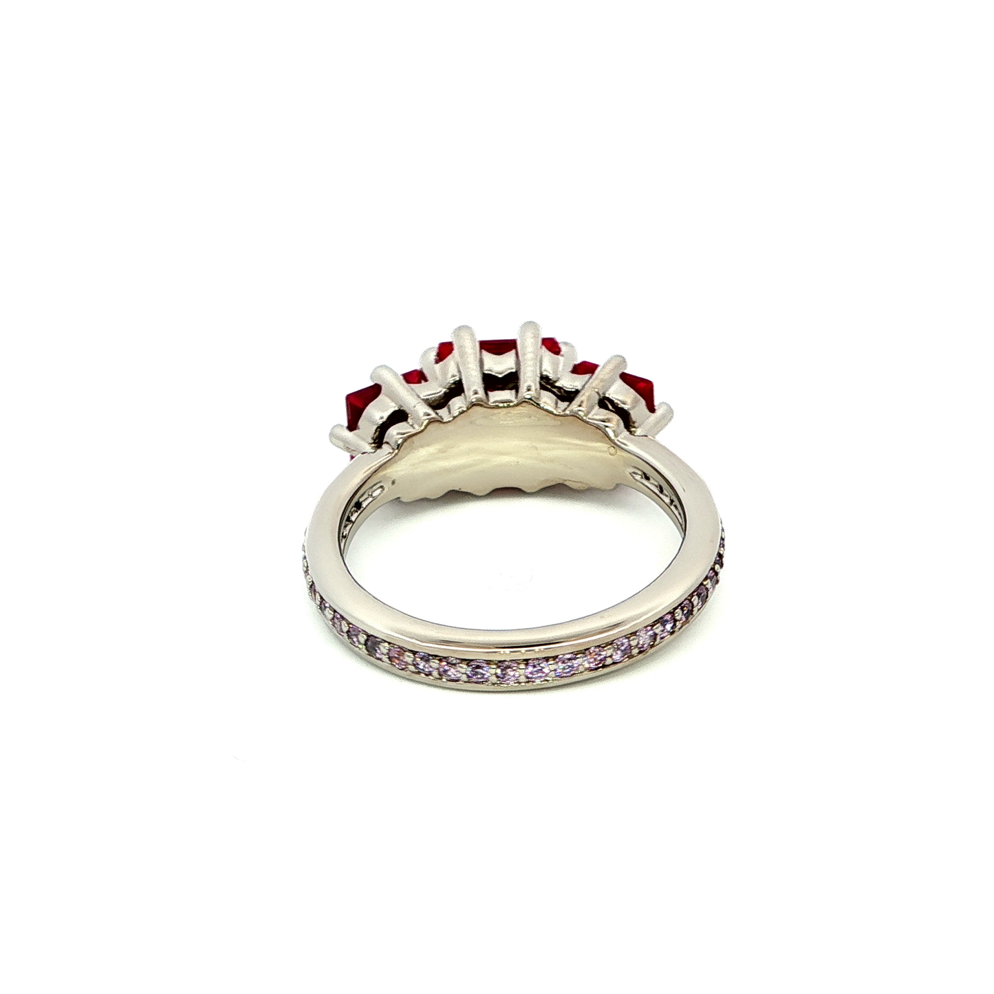 Pink Multistone Ring with Trio Square Cut Red Rubies