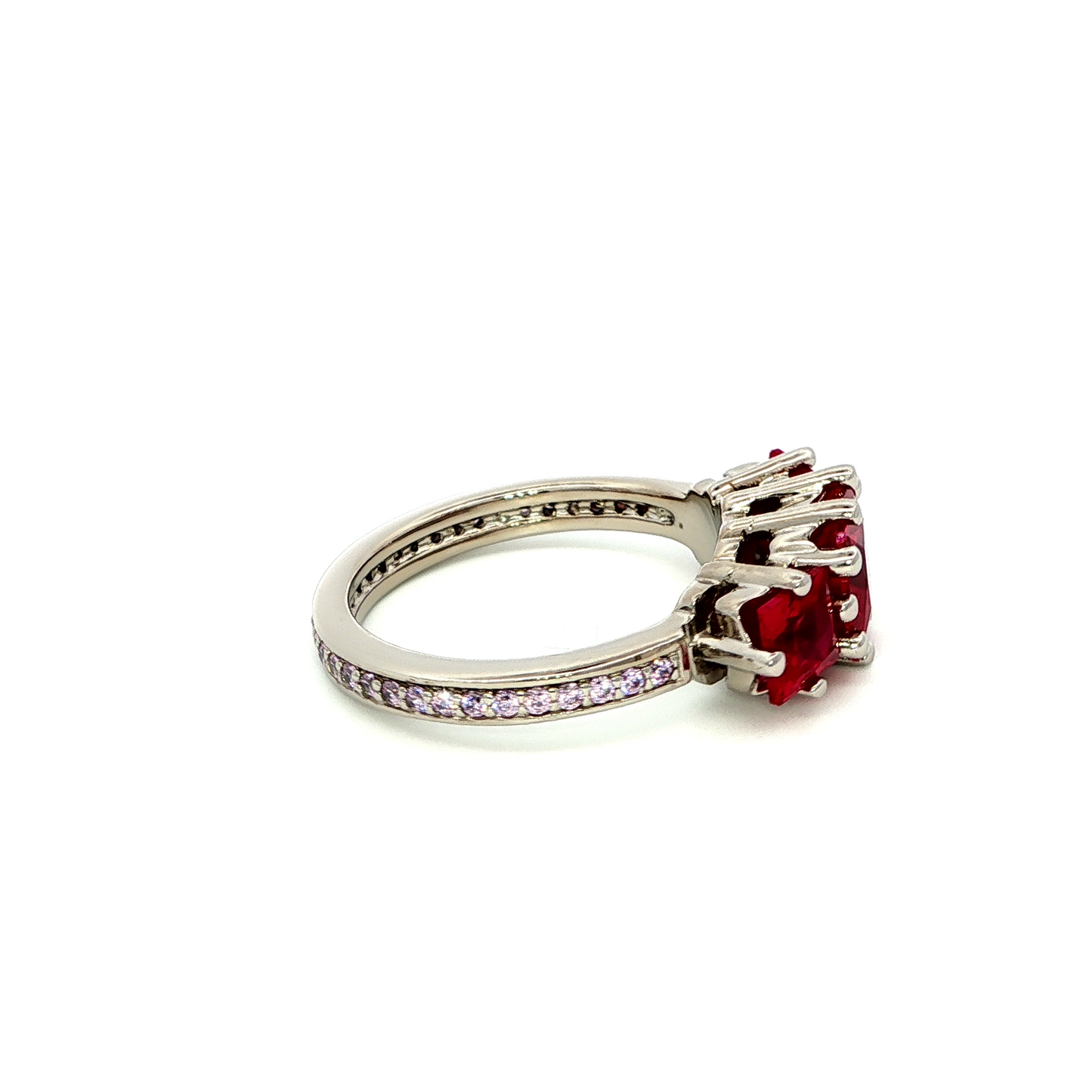 Pink Multistone Ring with Trio Square Cut Red Rubies