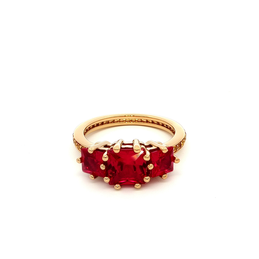 Yellow Gold Ring with Emerald Cut Red Rubies