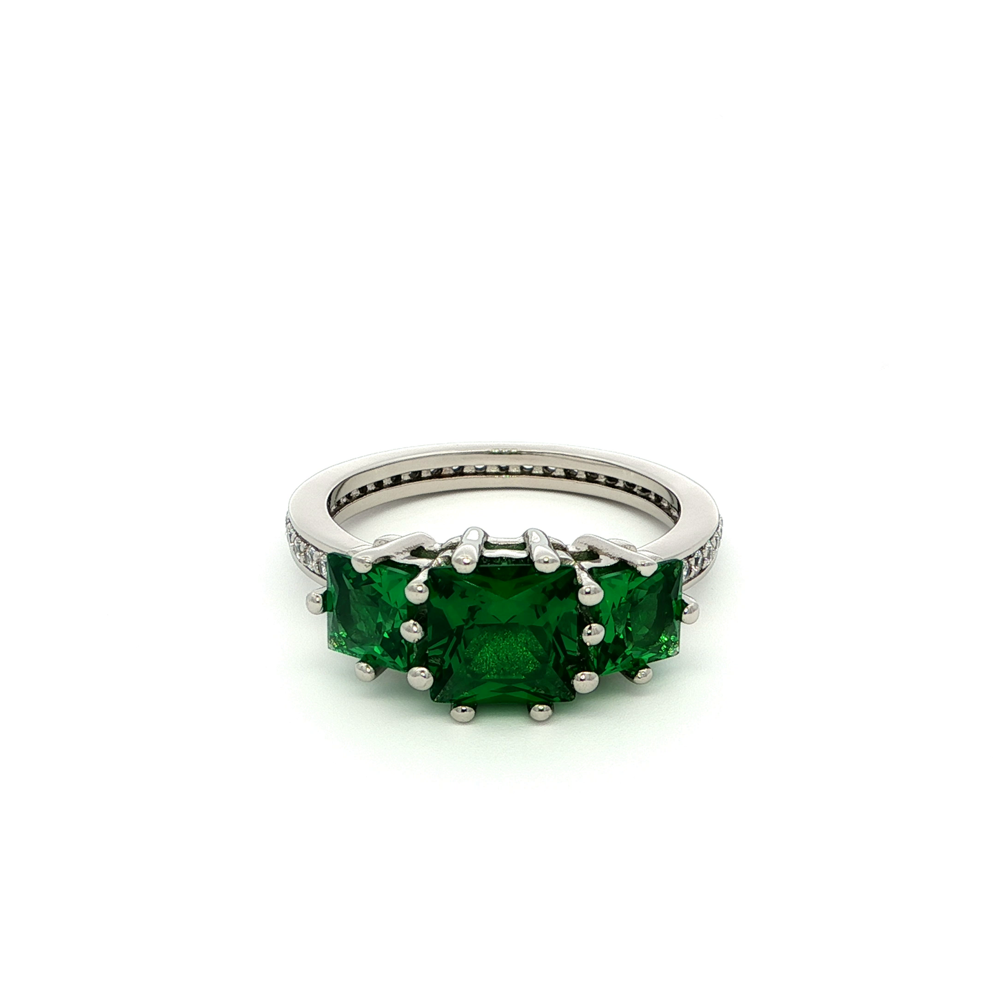 White Gold over Silver Three-Stone Emerald Ring