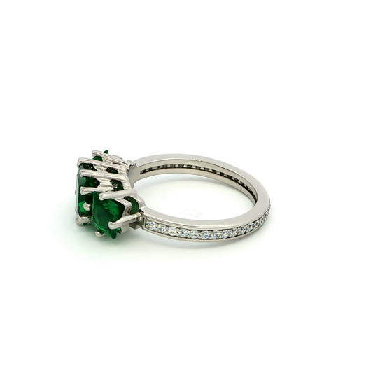 White Gold over Silver Three-Stone Emerald Ring