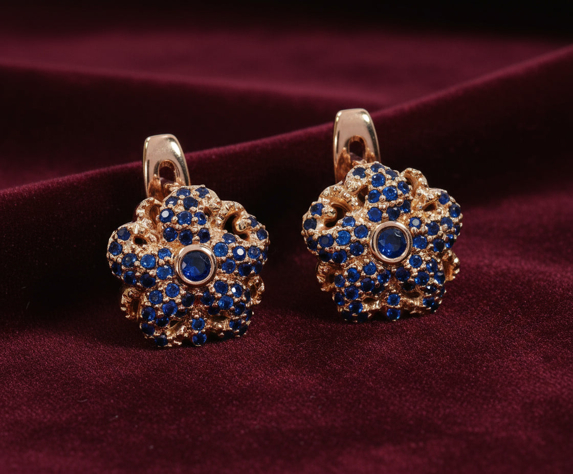 Flower Shaped Rose Gold Earring with Sparkling Blue Stones | Exclusive Design by Andrei | Fashion Jewelry
