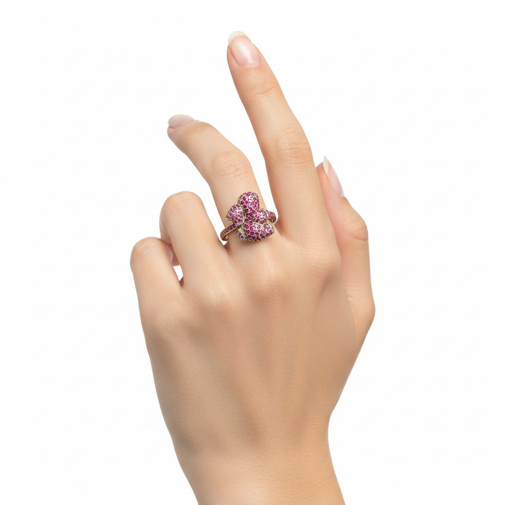 Silver Cocktail Ring with Round Cut Red Ruby Gemstones - Kids
