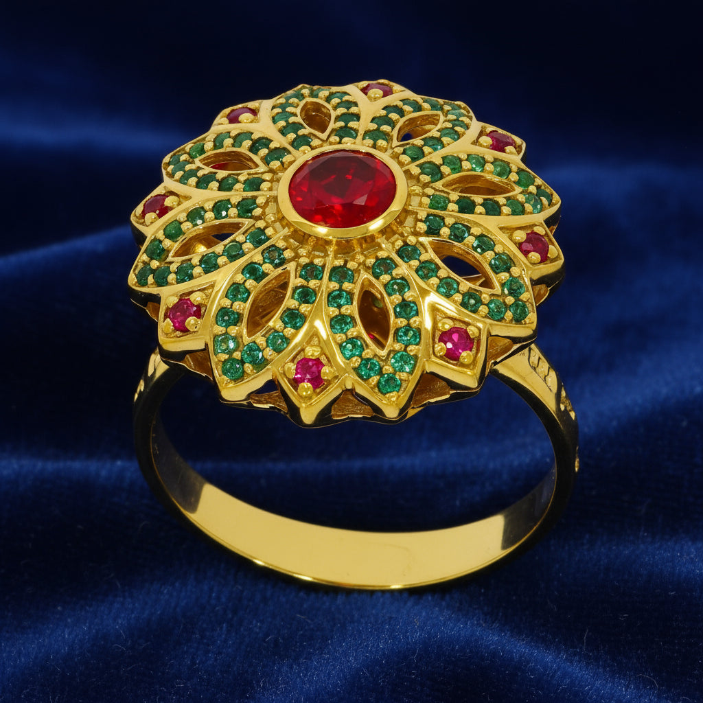 Flower Design with Red and Green Stones on Gold-plated Ring