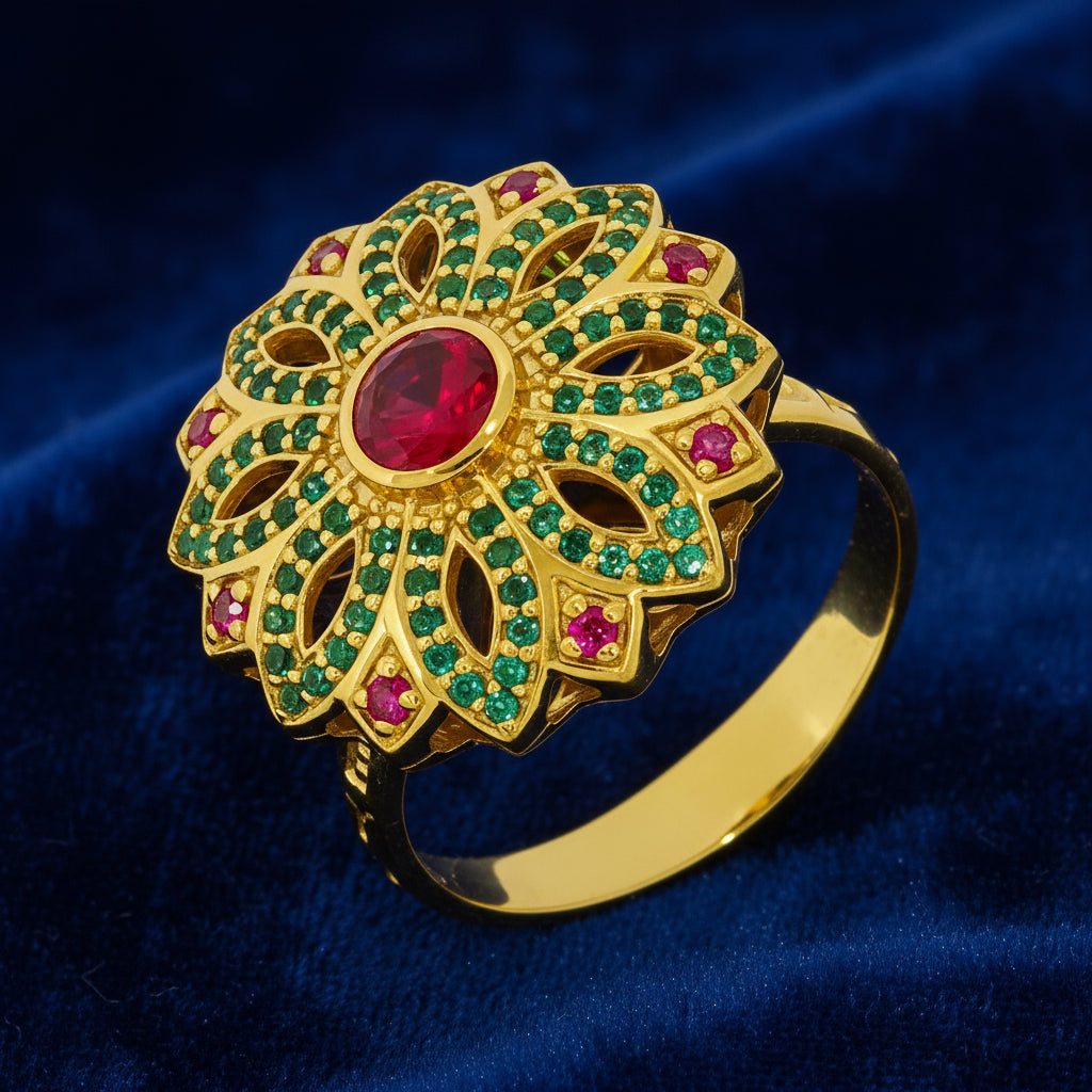 Flower Design with Red and Green Stones on Gold-plated Ring