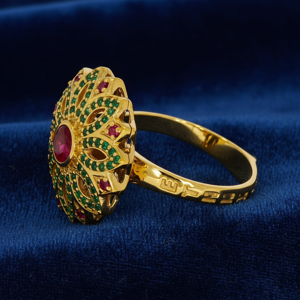 Flower Design with Red and Green Stones on Gold-plated Ring