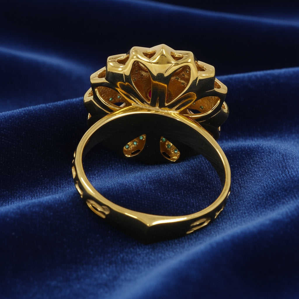 Flower Design with Red and Green Stones on Gold-plated Ring