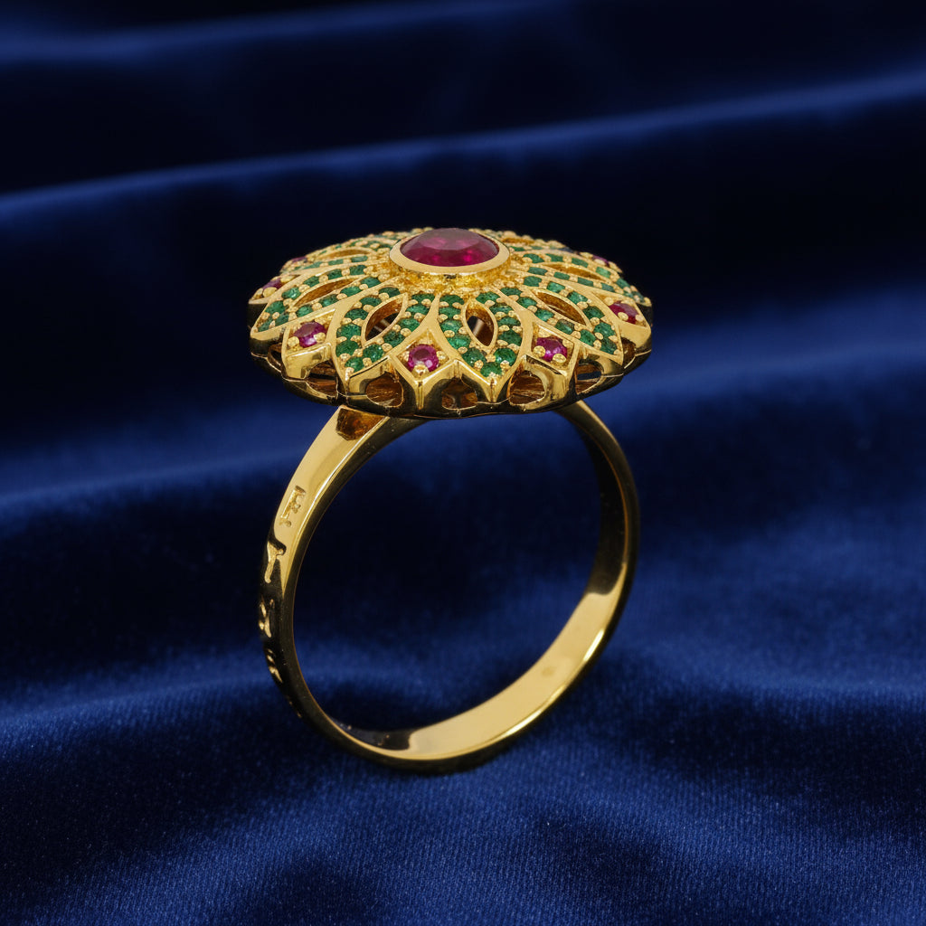 Flower Design with Red and Green Stones on Gold-plated Ring