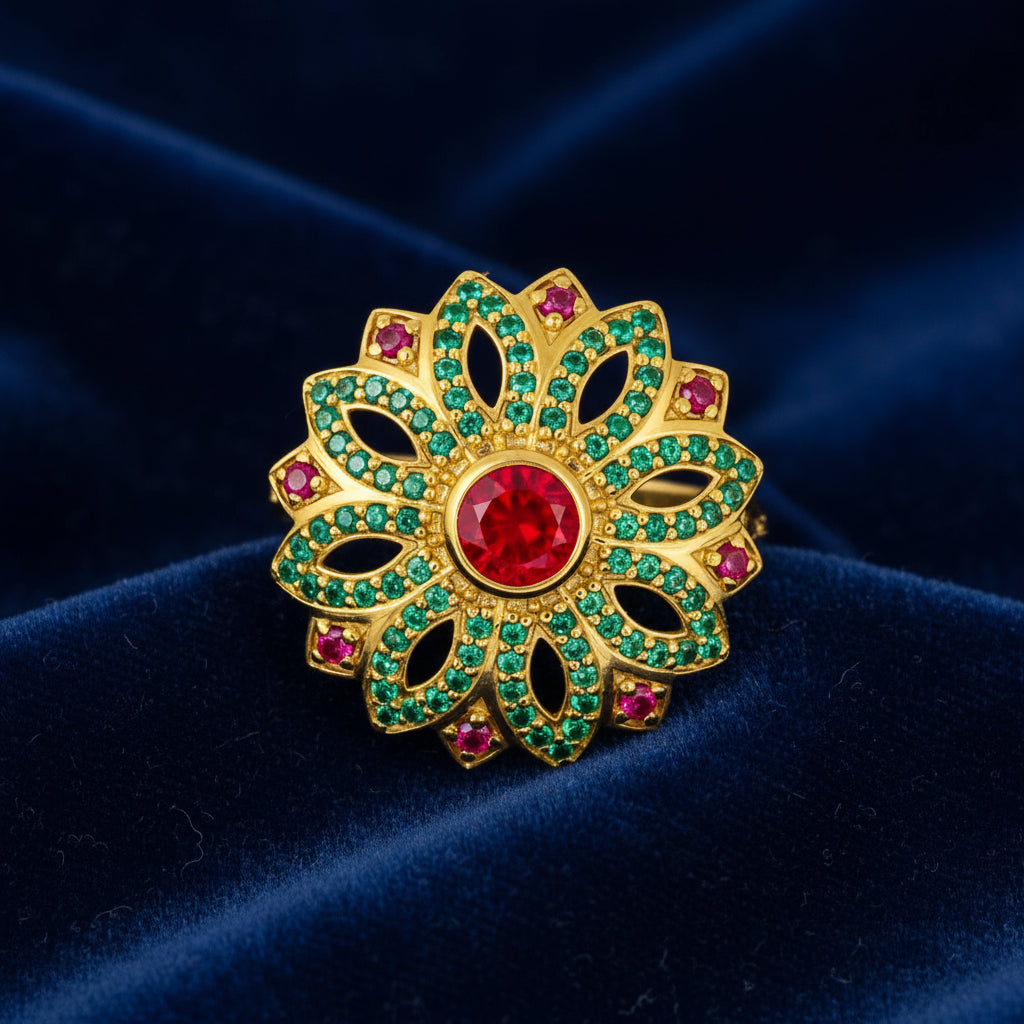 Flower Design with Red and Green Stones on Gold-plated Ring
